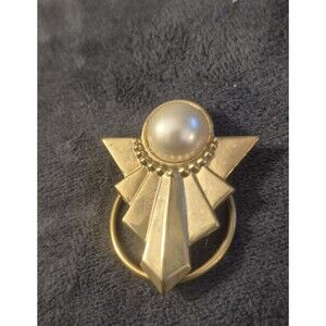 Vintage Gold Tone  Scarf Clip Art Deco Fan With Faux Pearl  1.5 Inches
